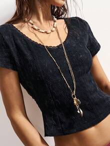 Bohemela 休闲纯色针织短袖露背修身短款女式T恤 - 黑色 - 查看 5