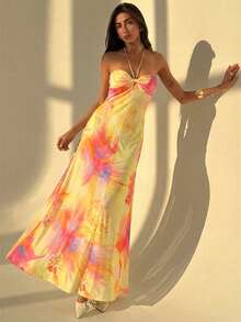 Aloruh 女士夏季度假连衣裙，浪漫热带花卉印花黄色长款连衣裙，优雅A字无肩带修身长裙，适合海滩度假、波西米亚风、生日派对、音乐节、下午茶约会等场合。 - 黃色 - 查看 7