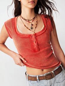 Bohemela Áo thun nữ cổ vuông, màu trơn, dáng ôm, chất liệu vải mài, kiểu dáng thường ngày. - Đỏ - Xem 6