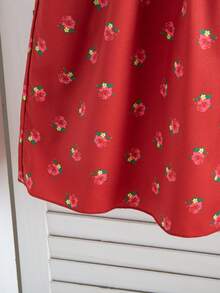 Young Girl' Cute Red Floral Print Dress, Lace Patchwork, Bow Decor, Comfortable Fabric, Suitable For Outings - Red - View 9