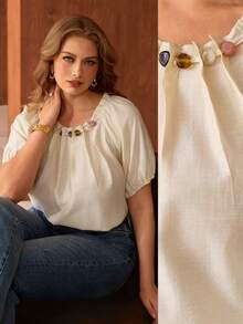 Roveilla Plus Size Women's Beige Summer Elegant Tea Party Blouse,Linen Round Neck Beaded Pleated Raglan Sleeve Loose Fit Elastic Cuff Tops,Vintage French Style - Apricot - View 9