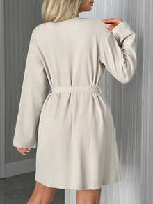 SHEIN Women Waffle Knit Homewear Robe With Belted Comfort Lounge Robe - Beige - View 2