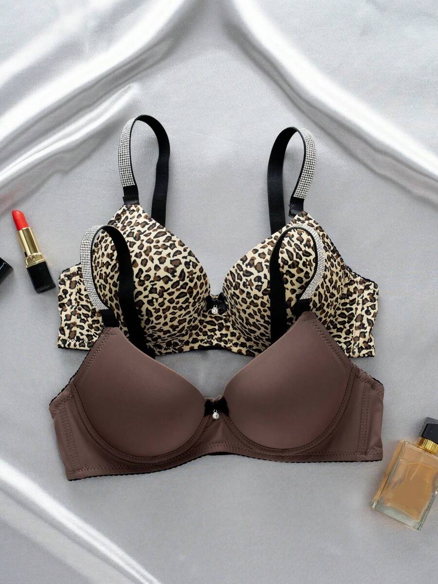 DesireSculpt 2pcs Women's Rhinestone Strap Underwire Bra Set - Multicolor - View 1