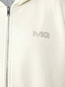 MISSGUIDED Rhinestone Logo Zip Through Hooded Sweatshirt With Drawstring Hood And Centre Pockets For Casual Winter Streetwear - Cream - View 7