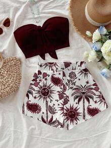 Soleia Multicolor Women's Shirred Bandeau Neck Knitted Two Piece Outfit Sleeveless Crop Top And Plant Pattern Short Skirt Casual Set Summer Two Piece Sets High Waisted Two Piece Set - Multicolor - View 1