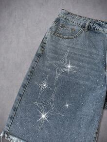 Manfinity ZONE917 Unisex Rhinestone Embellished Denim Shorts - Blue - View 5