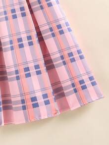 Girls Peter Pan Collar Plaid Preppy Style Short Sleeve Dress - Pink - View 5