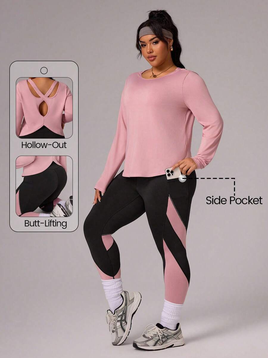 SHEIN Sports Rhythm Era 大码纯色极简长袖上衣和裤子运动套装(大码运动服/大码健身服/曲线运动上衣/大码瑜伽套装/曲线运动服/女士运动套装) - 彩色 - 查看 1