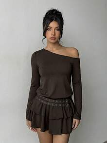 Aloruh Women's Solid Color Asymmetric Shoulder Ruffle Hem Mini Dress, Autumn - Brown - View 6
