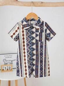 SHEIN 男婴几何图案短袖单排扣口袋休闲连体衣 - 彩色 - 查看 1