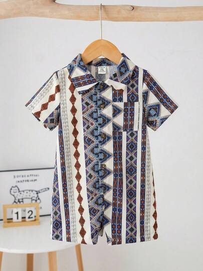 SHEIN 男婴几何图案短袖单排扣口袋休闲连体衣