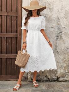 EMERY ROSE Women's Casual Vacation Style Solid Color Schiffy Bubble Sleeve Cinched Waist Shell Trim Dress, Summer - White - View 1