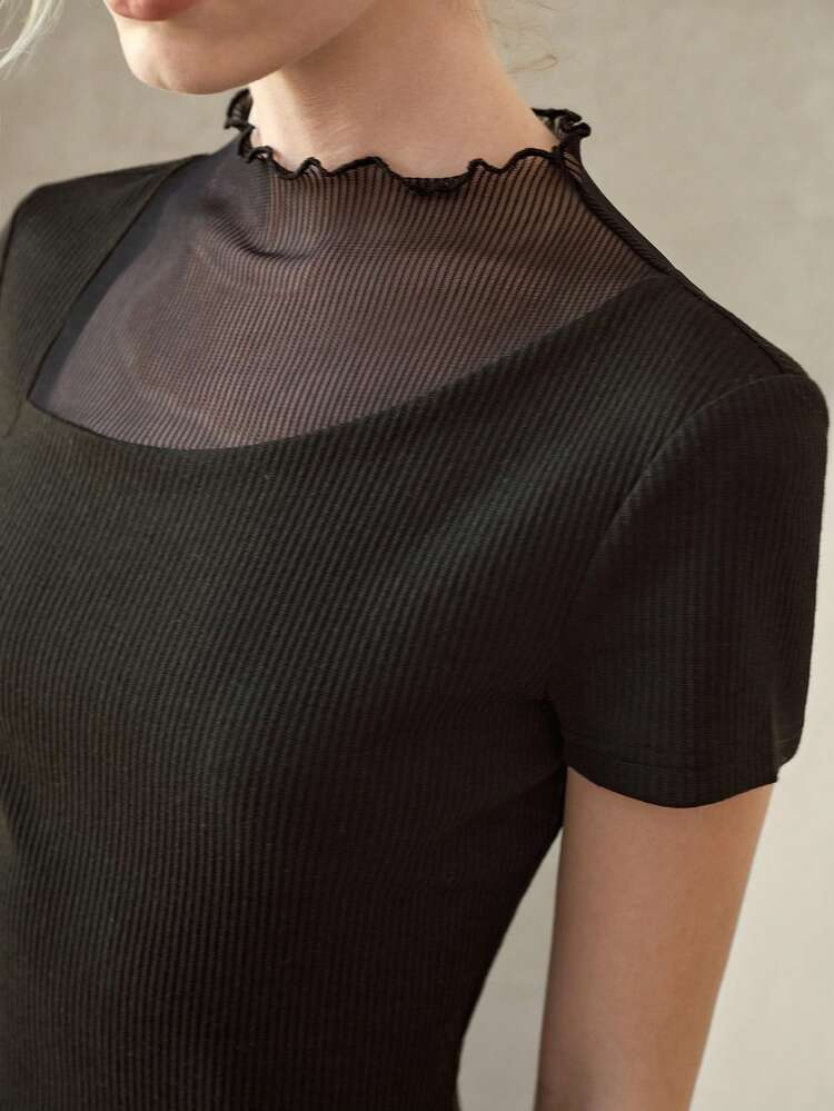 BLACK TOOTHPICK CONTRAST MESH KNIT T-SHIRT