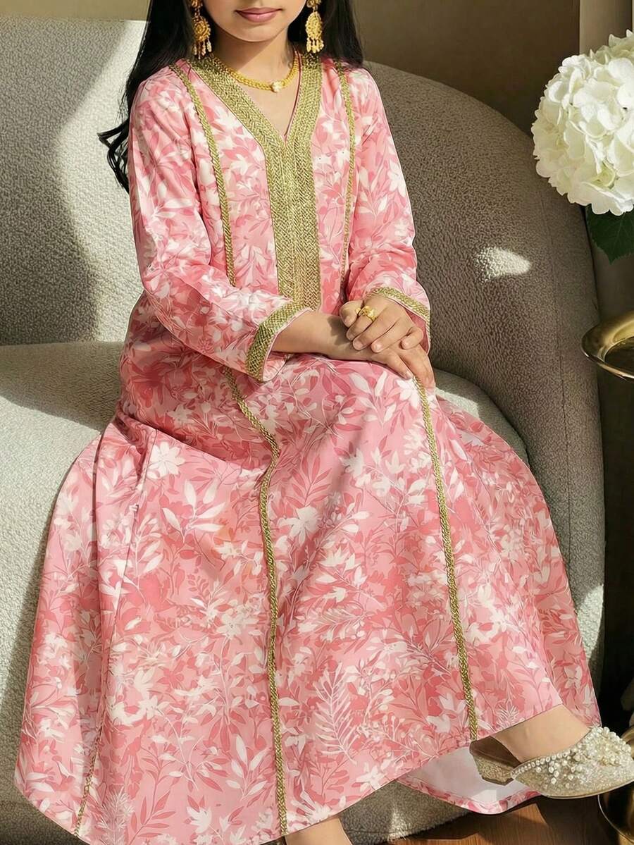 SHEIN 粉白碎花金色丝带V领长袖阿拉伯风格女童连衣裙 - 粉色 - 查看 1