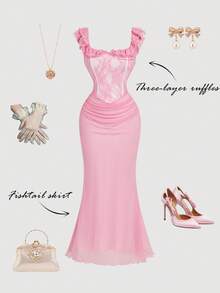 SHEIN MOD 女士优雅连衣裙，撞色蕾丝、荷叶边和鱼尾裙摆 - 粉色 - 查看 3