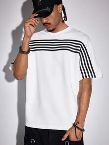 ROMWE MEN Essentials Men's Casual Striped Print Round Neck Short Sleeve T-Shirt - White - View 6