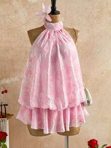 Soleia فستان قصير للنساء بتصميم الهالتر مع ربطة خلفية وكشكشة على الهيم، أنيق للمواعيد والحفلات - وردي - مشاهدة 2