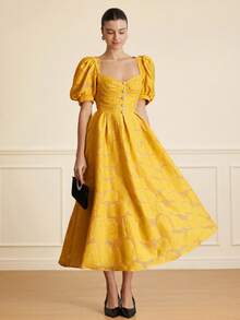 BELROSIE Yellow,Summer,Elegant,Wedding Guest Women's Sweet Princess-Style Floral Puff Sleeve Dress With Pearl Button, High Neck Line Date - Yellow - View 7