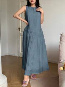 Feyla Vestido de verano casual, cómodo y holgado con diseño asimétrico sin mangas - Azul - Ver 7
