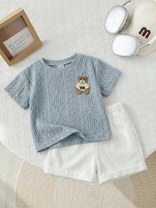 SHEIN 2件套男婴夏季可爱条纹卡通熊印花短袖T恤和松紧腰卡其色短裤套装 - 彩色 - 查看 5