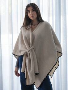 Hitanina 女士新款秋冬单件时尚披肩领开衩斗篷轻薄奢华休闲日常开衫毛衣 - 杏色 - 查看 4