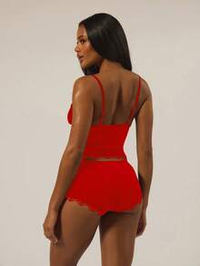 MUSERA ESSENTIALS Triangle Bust Lace Trim Adjustable Strap Cami Top And Fitted Boxer Boyshort Multipack Set Autumn Winter  Holidays Fall Underwear Everyday Cosy Lounge Essential - Red - View 4