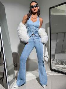 SHEIN ICON Y2K Blue Elastic Cropped Backless Halter Denim Vest Top - Light Wash - View 5