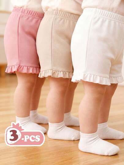 SHEIN Vintaside Kids 3pcs/Set Infant/Toddler Girls' Casual Loose Comfortable Shorts Set, Soft Breathable Floral Hollow-Out Knit Fabric, Elastic Waist With Ruffle Trim, Pink & White Solid Colors, Multi-Color Options, High Cost-Effective, Suitable For Spring/Summer Home/Outing/Vacation