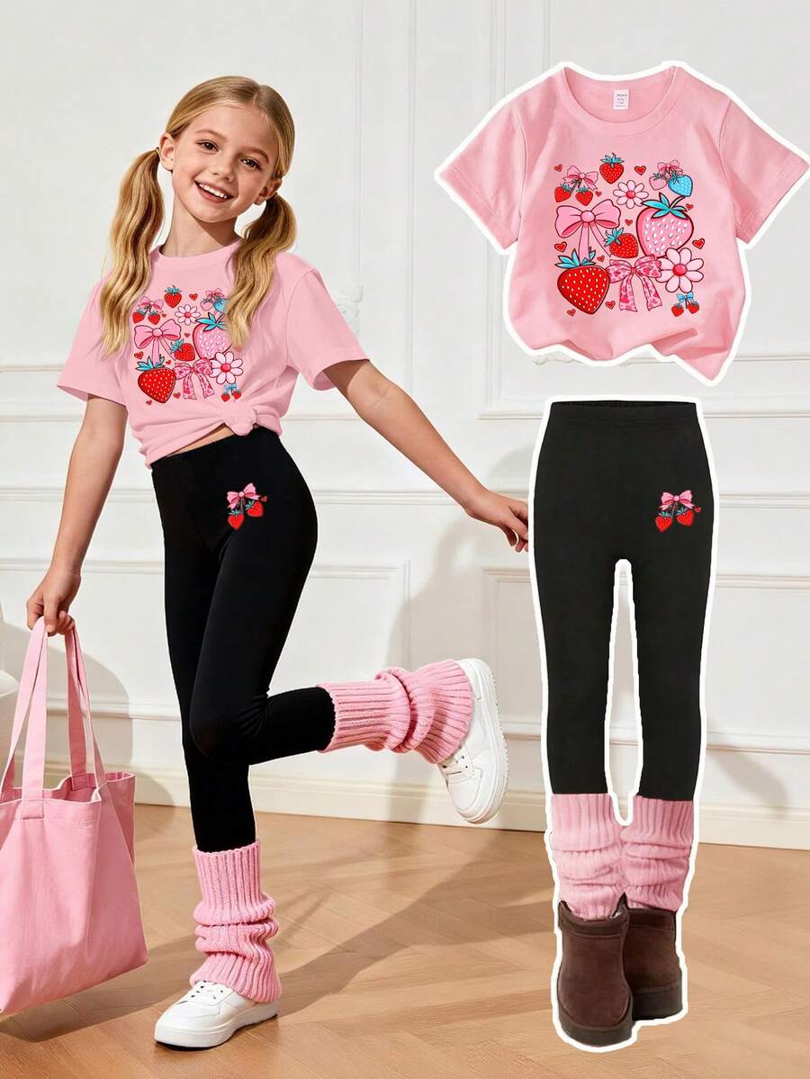 SHEIN Explorewe 2pcs/Set Atasan Bergambar Stroberi, Set Sweatshirt Leher Bulat dan Legging untuk Remaja Perempuan, Modis dan Kasual, Cocok untuk Musim Gugur/Musim Dingin - MultiWarna - View 1
