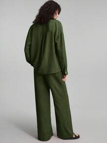 Ontre 两件套女士夏季套装，日常休闲家居服，海滩度假装，长裤+长袖衬衫套装，早午餐装，音乐节套装，优雅派对商务休闲装 - 軍綠色 - 查看 5