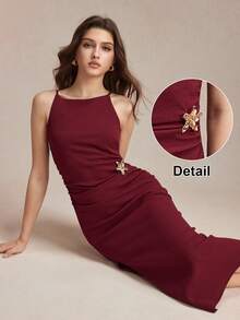 SHEIN BIZwear 2026 Spring/Summer New Wine Red Thin Strap Design Waist Ruched Metal Decor Dress, Versatile For Layering, Y2K, Office, Business, Social Occasions - Burgundy - View 3