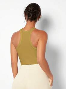 SHEIN BASICS Women's Casual Solid Color Knit Ribbed Crew Neck Fitted Tank Top - Yellow - View 3