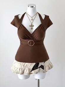 Sunspun Áo thun nữ cỡ lớn cổ vuông tay dài xếp ly ôm sát có đính kim loại, kiểu dáng thanh lịch cổ điển thường ngày màu nâu. - màu nâu - Xem 7