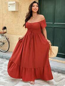 Vionelle Đầm maxi dáng chữ A trễ vai tay ngắn xếp ly xẻ tà, chất liệu jacquard hai tông màu thanh lịch dành cho nữ cỡ lớn, thích hợp cho mùa xuân/hè. - trái cam - Xem 4