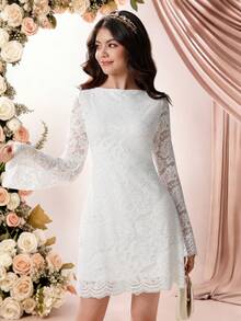 Pitira Đầm ren tay loe cho bé gái tuổi teen, tươi tắn và thanh lịch, phù hợp cho đi học, đám cưới, các dịp trang trọng, dạ hội, tiệc tùng, vũ hội, dã ngoại mùa xuân, Tết Nguyên đán, làm phù dâu và nhiều dịp khác. - trắng - Xem 4