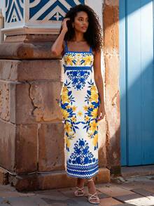 CAJUNI Đầm dài nữ đi nghỉ mát, in họa tiết hoa nhiều màu sắc, khoét eo, hở lưng, buộc dây. - Nhiều màu - Xem 4