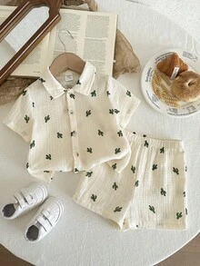 LMoss Kids 男婴可爱仙人掌印花衬衫套装，休闲舒适 - 白色 - 查看 5
