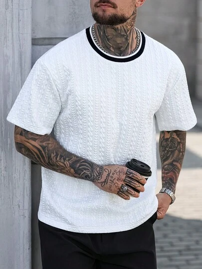 Manfinity CasualCool Camiseta de cuello redondo de manga corta con contraste de color y textura de tela, estilo deportivo casual para hombre, verano