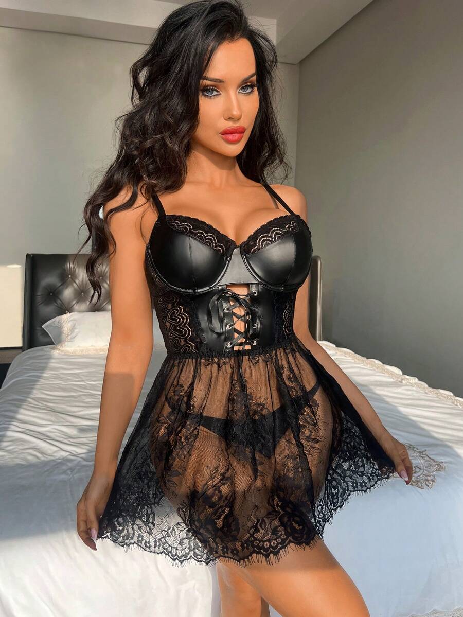 SHEIN 1pc Romantic Lace Women's Sexy Camisole Nightgown - Black - View 1