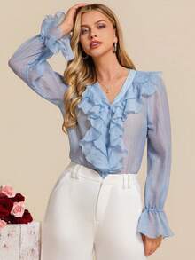 Amorya Áo kiểu nữ mùa xuân mới thanh lịch cổ chữ V tay dài viền bèo nhún chất liệu vải dệt họa tiết màu xanh tươi mát thoải mái, trang phục lễ hội, trang phục ngày Valentine, trang phục đi biển mùa hè, áo kiểu nữ thời trang. - Màu xanh lam - Xem 9