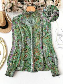 Camisa de talla grande con estampado de paisley vintage, otoño - Verde - Ver 1