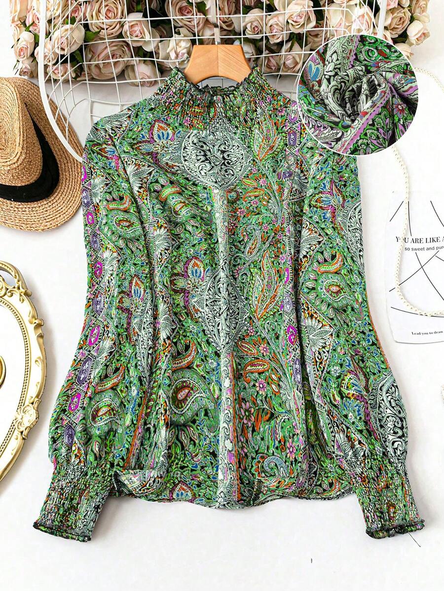 Camisa de talla grande con estampado de paisley vintage, otoño - Verde - Ver 1