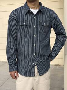 Manfinity Roghcode Men's Blue Vertical Striped Denim Casual Slim Fit Shirt - Medium Wash - View 3