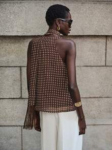 Lumivelle 春夏新款雪纺波点图案修身优雅流苏围巾披肩露背A字吊带背心，优雅性感通勤奢华浪漫简约无袖女式吊带背心 - 咖啡棕 - 查看 2