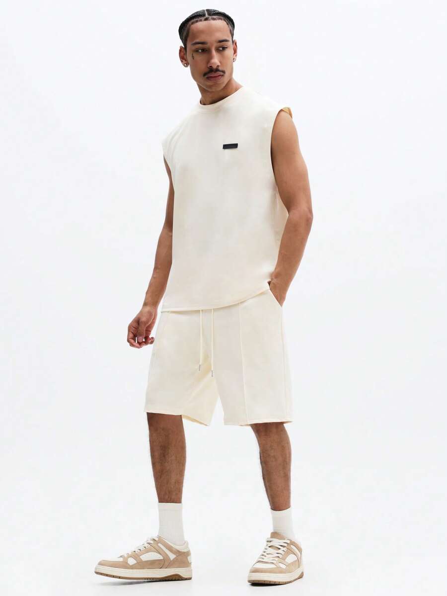 SUMWON Cream Sleeveless Tank Top And Drawstring Shorts Two Piece Set Summer Casual Loungewear Matching Outfit Crew Neck - Beige - View 1