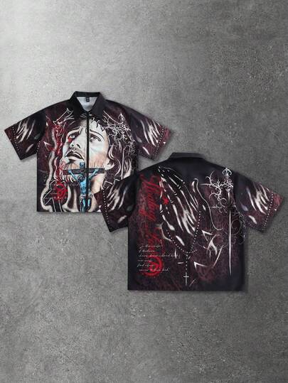 ROMWE MEN Men's Vintage Jesus Zipper Short Sleeve Shirt, Casual Wear For Spring/Summer