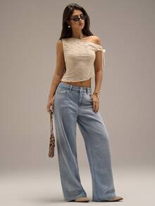 Avantive 1pc Women's Asymmetrical-Shoulder Texture Fitted Vacation Top, Summer New Arrival - Apricot - View 3