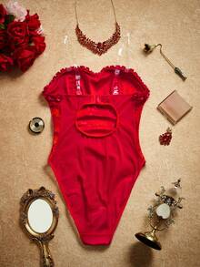 PinupPomp Crimson Jacquard Heart Bandeau Jumpsuit, Velvet Ruffle Trim, Backless Hollow-Out Shaping Design