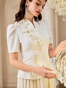 Modelyn 女款優雅3D花朵貼飾荷葉邊上衣與飄逸長裙兩件套，米色象牙白，適合新娘母親、婚禮賓客、夏季用餐派對穿搭 - 杏色 - 查看 7