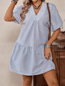 SHEIN LilyWest Robe décontractée ample et amincissante à col V, manches bouffantes, rayures de bambou bleu grisâtre rétro. Convient pour le printemps/été - Gris - Voir 4